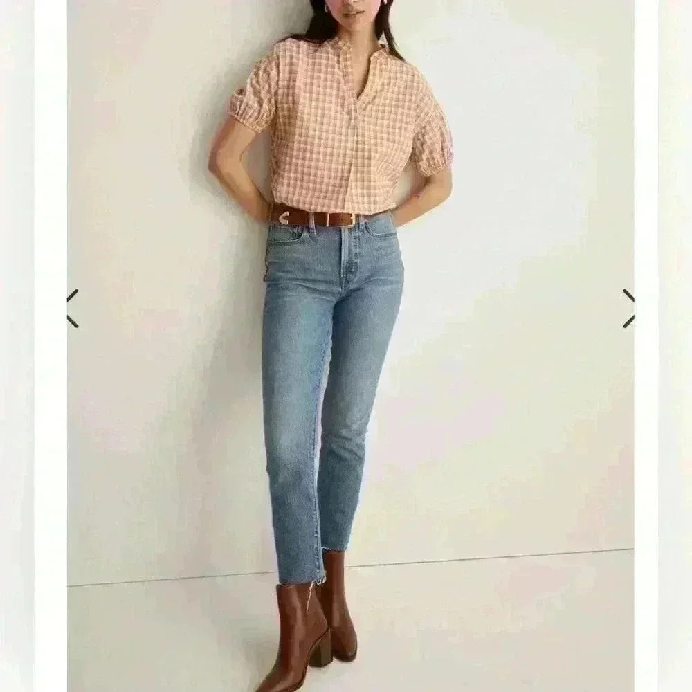 Madewell Crinkle Cotton Bubble-Sleeve Popover Shirt in Check XS - Picture 3 of 10